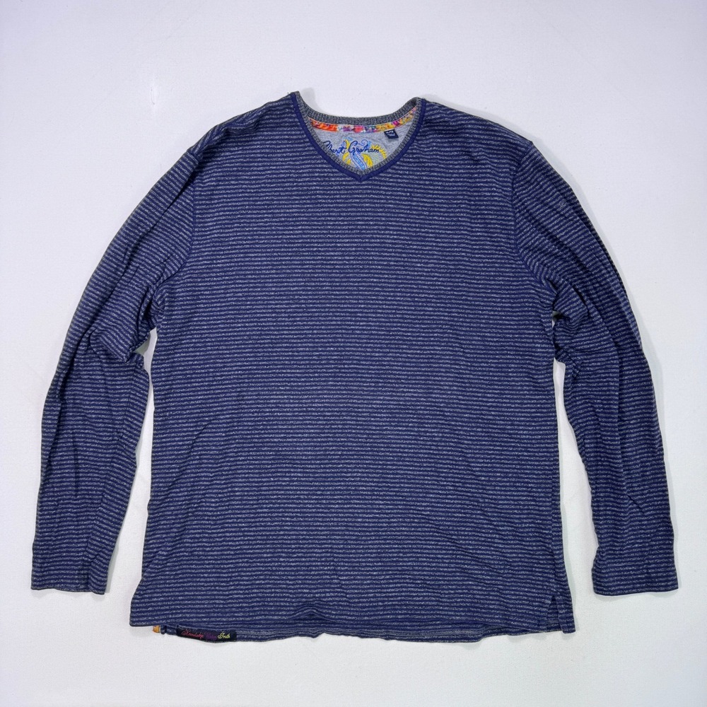 Robert Graham Mens XL Blue Striped V-Neck Long Sleeve Cotton Knit T-Shirt Tee